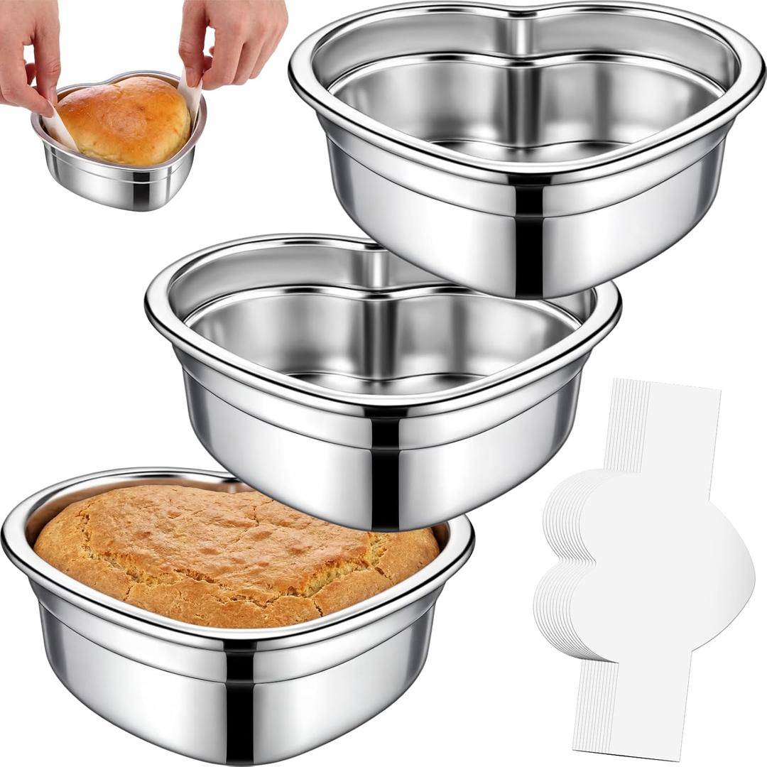 3 Pcs Heart Shaped Cake Pans, 4.7 Inch Heart Shaped Cake Pan with 150 Parchment Paper, Stainless Steel Nonstick Baking Pans for Mother's Day Birthday Wedding Kitchen Baking Supplies