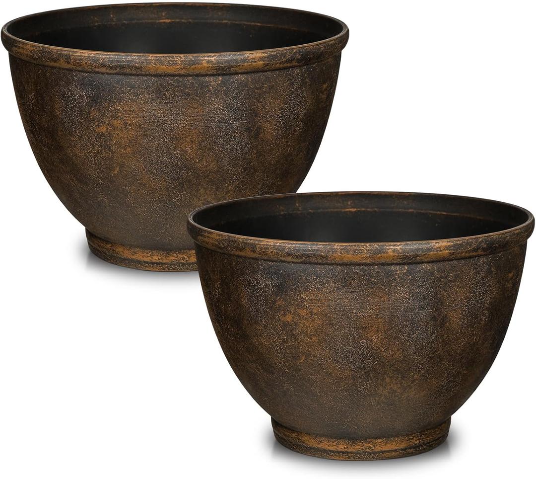 Hollyone Set of 2 Outdoor Planter 11.5 inch Plant Pot Plastic Pots for Plants Planters for Outdoor Indoor Plants with Drainage Hole Round Plant Pot Flower Pots Garden Decorations Brown