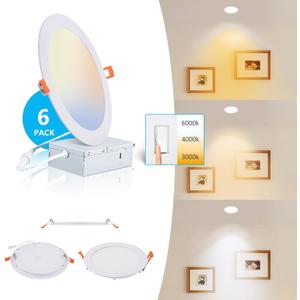 8 Inch LED Recessed Light with Junction Box.6Pack Ultra Thin LED Recessed Lights 3CCT 3000K/4000K/6000K Selectable Dimmable,18W 8" Ceiling Canless Light Downlight, Can Killer Lighting CR80+