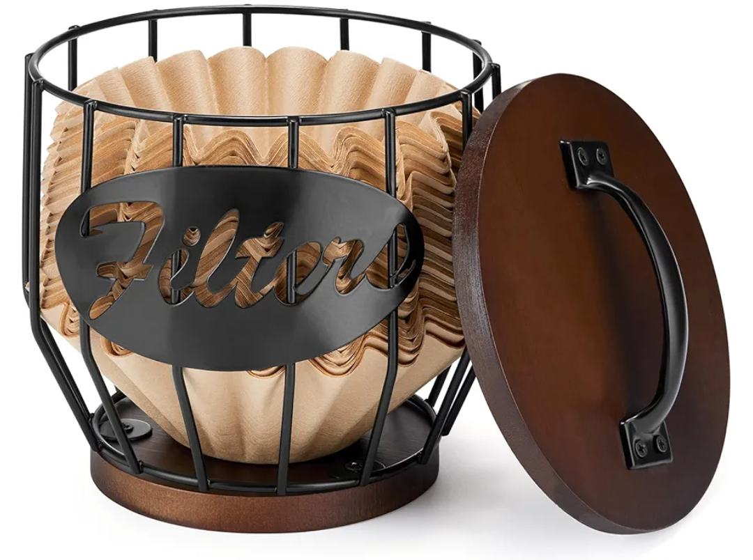 Yangbaga Coffee Filter Holder with Wood Lid,Wood and Metal Coffee Filter Storage Container Basket for Coffee Filters 24 Cup,Round Coffee Filter Holder Case for Counter,Coffee Bar Accessories decor