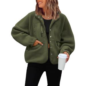 ReachMe Womens Sherpa Jacket Casual Lapel Button Down Cropped Fuzzy Fleece Jackets Long Sleeve Winter Coats with Pockets (Small, Army Green)
