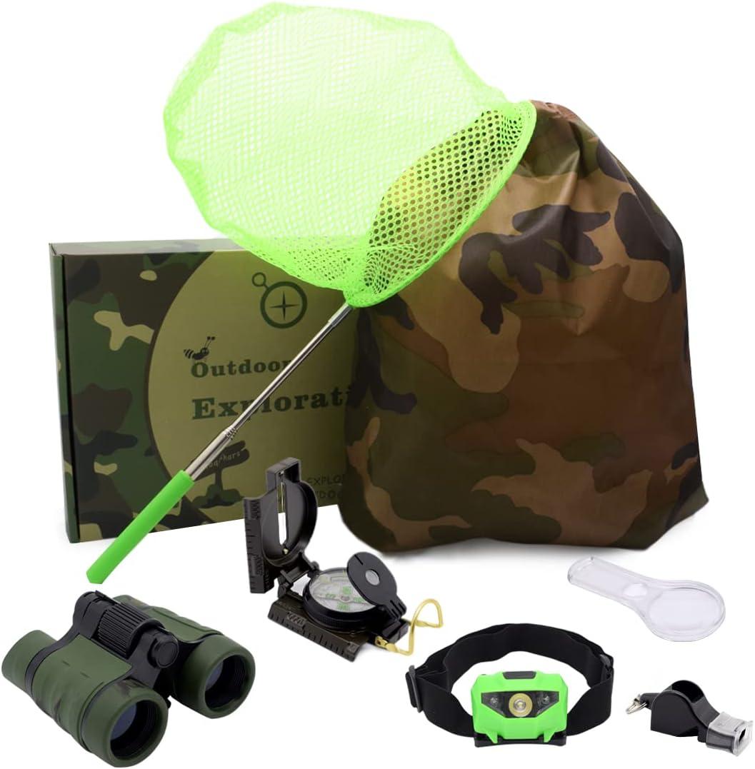 Kids Outdoor Adventure Set :Educational Childrens Toys Binoculars, LED Headlamp Flashlight, Compass, Magnifying Glass Whistle Butterfly Net & Backpack(Camo Color) for Boys