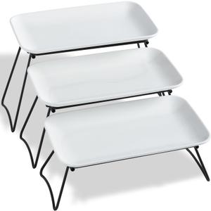 HAPPY KIT 3 Tier Serving Tray Set and Tiered Tray Stand,12 Inch Widened Porcelain Platters with Freely Combinable Rack,Decor Cupcake Stand for Christmas Party Display,Dessert Trays Collapsible (Black)