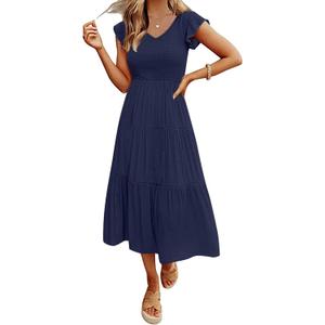 MEROKEETY Women's Flutter Sleeve Smocked Midi Dress V Neck Casual Tiered Dresses with Pockets (Large)