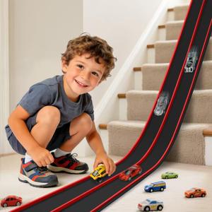 Flexible Race Track Toys for Kids, 15 Ft Flex Tracks Starter Set with Strong Suction Cups - Compatible with Hot Wheels and Diecast 1/64th Cars, Rolls up Portable Race Car Ramp Track (Red Black)