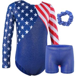 BAOHULU Gymnastics Leotards for Girls Patriotic Glitter Long Sleeve Dancewear with Matching Shorts Set (13-14 Years)