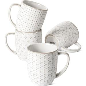 LE TAUCI Coffee Mugs 12 oz, Ceramic Mug Set Set of 4, Embossment Cups for Espresso, Latte, Tea, Cocoa, Cappuccino & Mocha, Dishwasher Oven Microwave Safe - 3.4 inch, Arctic White