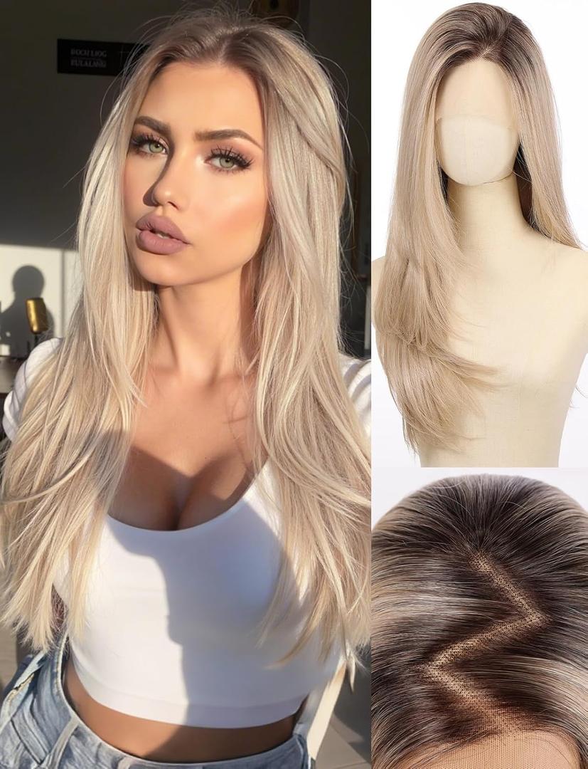 Straight 13x4 HD Lace Front Wig for Women, 26inch Heat Resistant Synthetic Hair Glueless Pre Plucked Straight Human Hair-Like Layered Wig with Realistic Scalp (Blonde with Dark Roots Color)