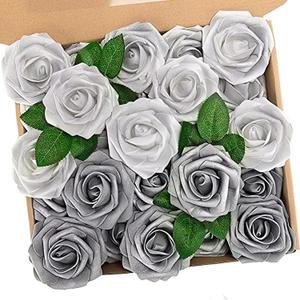 N&T NIETING Roses Artificial Flowers, 50Pcs Fake Flowers Foam Roses with Stems for DIY Wedding Bridesmaid Bridal Bouquets Centerpieces Party Home Decoration Baby Shower, Silver White and Silver Grey
