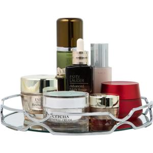 Mirror Glass Vanity Tray Round Cosmetic Decorative Tray for Kitchen Bathroom Living Room Desktop Home Storage for Christmas Valentine's Day Perfume Dresser Jewelry Trinket Organizer (Silver, 9.9 in)