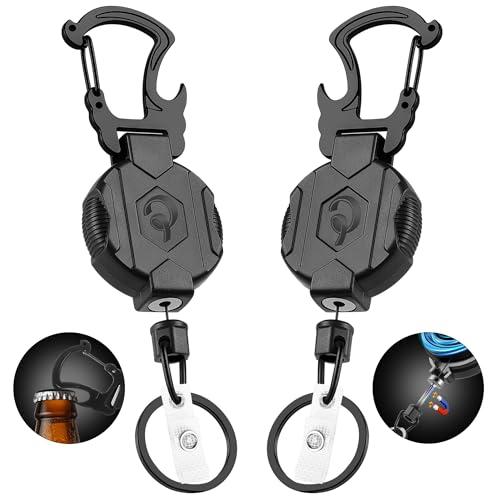 1 Pack Retractable Keychain Heavy Duty Carabiner Badge Holder with Magnetic Closure, Tactical ID Badge Reel for Men with 32” Steel Retractable Cord, Bearing 17 OZ