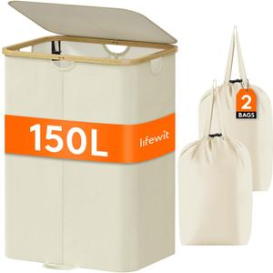 Lifewit 150L Double Laundry Hamper with Lid, Large Laundry Basket with Bamboo Handles and Removable Laundry Bags, Foldable Clothes Hampers for Laundry for Bedroom, Bathroom, Dorm, Laundry Room, Beige