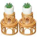 Wenqik 4 Pcs Boho Rattan Plant Stand Woven Wicker Round Riser Stand Indoor Rustic Farmhouse Natural Circle Plant Pedestal Round Accent Centerpiece for Home Kitchen Office Display, 2 Size