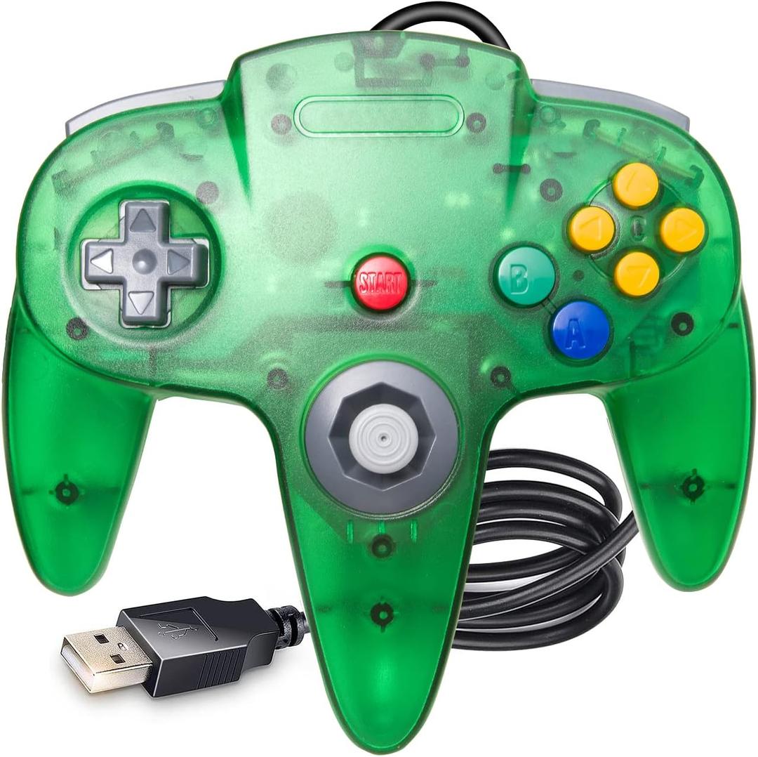 KIWITATA Classic N64 USB Controller, N64 Remote Wired USB Game Joystick Controller for Windows PC & MAC & Raspberry Pi Clear Green