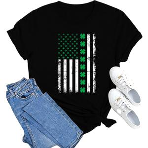 MAIHUN St Patricks Day Shirts Womens St. Paddys Day Shamrock Tshirt Green Clover Short Sleeve (Black, L)
