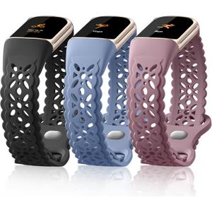 Maledan Floral Engraved Bands Compatible with Fitbit Charge 5 Band/Fitbit Charge 6 Band for Women, Charm Lace Silicone Soft Sport Watch Bands Bracelet Straps for Fitbit Charge 5/ Charge 6 Accessories (fits 5.5" - 8.2" (14-21cm) wrist, 2-Black/ Blue Gray/ Smoke Violet)