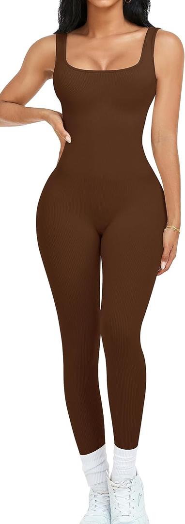 OLCHEE Womens Workout Rompers Jumpsuits Seamless Ribbed Yoga Gym One Piece Sleeveless Square Neck Tank Top Leggings Unitard (Medium, Brown)