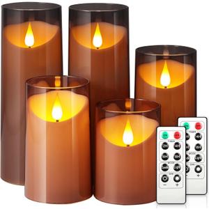 NURADA Flameless Candles: Acrylic LED Pillar Candles Battery Operated with Remote and Timer for Romantic Ambiance and Home Table Bathroom Decor, Gray, Pack of 5 (Grey Set of 5)