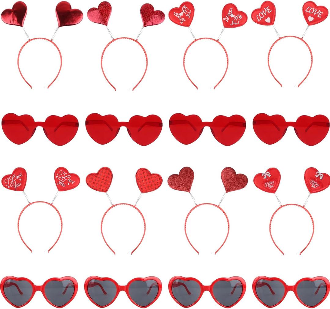 16 Pack Valentines Heart Head Boppers Headbands Red Heart Hair Hoop and Heart Shape Sunglasses for Valentines Day Wedding Anniversary Birthday Party Supplies Photo Props