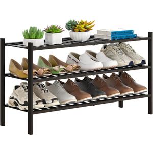 FILWH Bamboo Shoe Rack Stackable Shoe Shelf Storage Organizer for Unit Entryway Hallway and Closet Sturdy Freestanding Shoe Shelf(3L Tier Black) (3L-Tier/33.3*11*18.3IN)