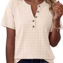 AUTOMET Women's Waffle Knit Henley Tops Short Sleeve Blouses Business Casual T-Shirts for Spring Summer Vacation 2026 (L)
