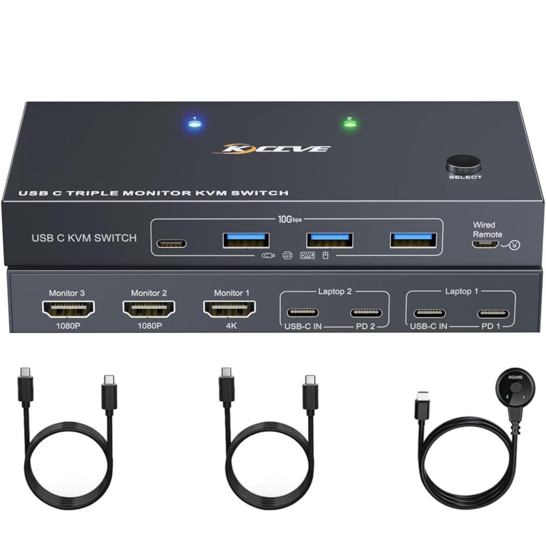 USB C KVM Switch 3 Monitors 2 Laptops 4K 1080P@60Hz,USB-C Docking Station Triple Monitor KVM Switches with 4 USB 3.2 Ports,10Gbps 80W PD Charging,For Windows and Mac OS,Driver Installation is Required