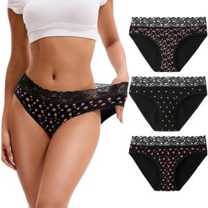 INNERSY Period Underwear for Women Cotton Lace Leakproof Menstrual Hipster Panties Bikini Briefs 3-Pack (Medium, Blossom Star)