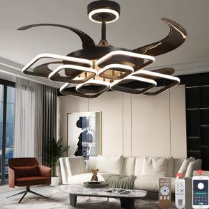 48 Inch Chandelier Ceiling Fans with Lights and Remote, Retractable Fandelier Ceiling Fan for Bedroom Indoor Decoration, 3 Color Changeable, Dimmable with App, Timer Setting (Black DCFS25001)