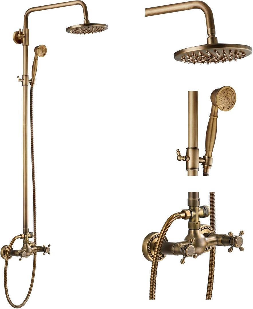 gotonovo Exposed Bathroom Shower Faucet Set Shower Fixture 8 Inch Rainfall Shower Head Handheld Shower Cross Handle Wall Mount 2 Functions Antique Brass