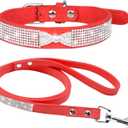 Cute Dazzling Sparkling Elegant Fancy Soft Suede Leather Bling Rhinestone Crystal Jeweled Pet Cat Dog Puppy Collar Dog Leash Combo Set (M, Red-4)