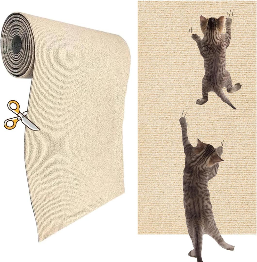 KEYIDE Self-Adhesive Cat Scratch Wall Climber, Wall Cat Scratcher Mat for Indoor Cats Kitten Trimmable Carpet Corner Protector 78.7"x15.8" (Beige) (Khaki)