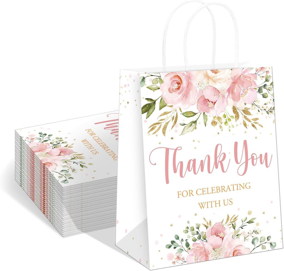QIELSER 30 pcs Welcome Bags for Wedding Guests Bulk Floral Design Thank You for Celebrating with Us Gift Bags with Handles for Wedding Birthday Party Baby Shower Favors Supplies (Pink Rose)