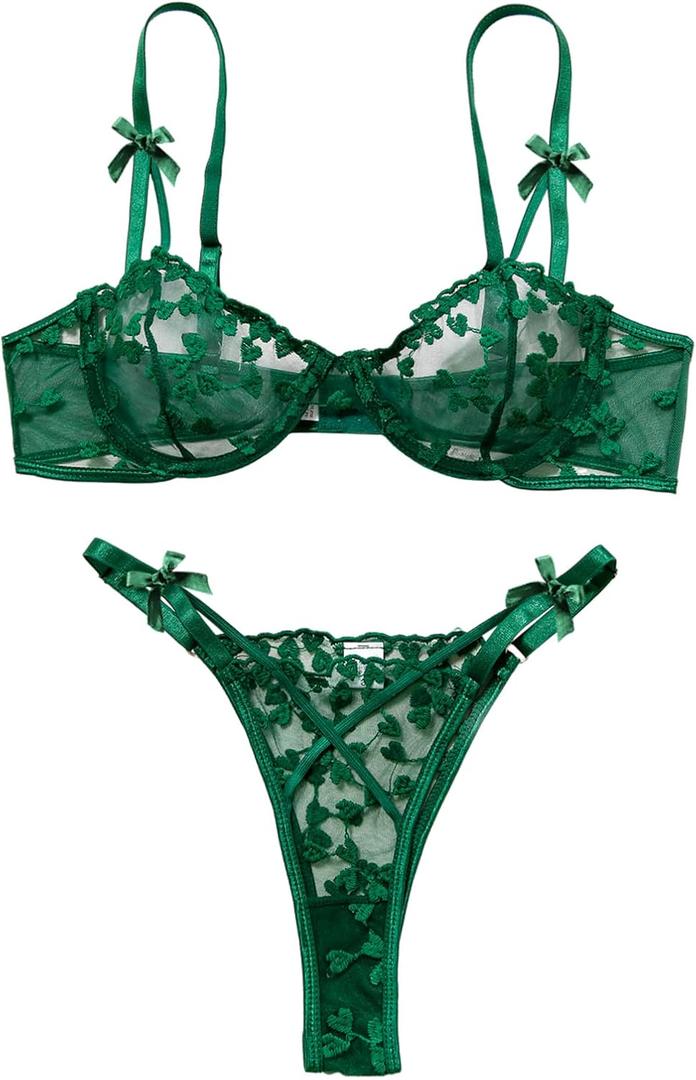 Lilosy Sexy Underwire Cute Push Up Strappy Embroidered Mesh Sheer Lingerie Set See Through Panty Bra (Medium, Bow Green)