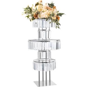 Bigsee Silver Vases Centerpieces Crystal Flower Stand with Hanging Crystals, 5 Tier Round Chandelier Pedestal Stand for Wedding Road Lead T Stage Flower Arrangement Decoration