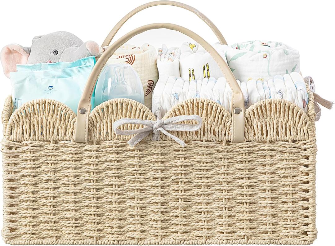 HBlife Large Baby Diaper Caddy, Paper Rope Storage Baskets Nursery Bin with Removable Divider, Portable Car Organizer for Diapers, Baby Shower Gifts, Newborn Essentials Must Haves (Beige)
