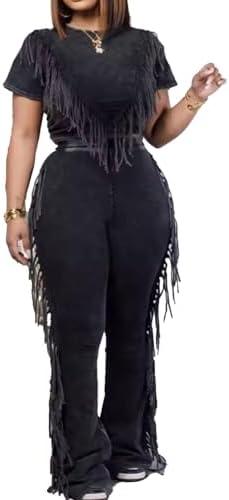 REASERAL Womens Fringe 2 Piece Lounge Outfits Short Sleeve Crop Top Flare Pants Workout Sets Casual Sweatsuit,Size XXL