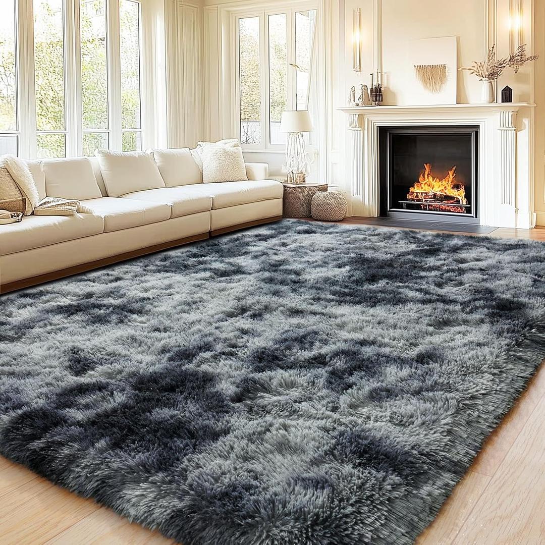Plush Area Rugs 5x7 for Bedroom Living Room, Fluffy Shag Rug Modern Soft High Pile Floor Carpet Non-Slip for Dorm Nursery Kids Room Home Decor, Tie-Dye Blue Grey