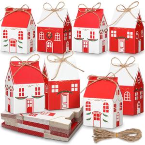 Zhanmai 48 Pcs Christmas Treat Boxes Candy Red Village Vintage Mini Gingerbread House Favor Box Christmas Party Paperboard Gift Boxes for Xmas Holiday Party Treat Cookie Goodie Snack Gift Packaging