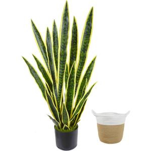 Artificial Snake Plant, 3ft Fake Sansevieria with Basket, 35" Fake Mother in Law Plants, Perfect Faux Potted Plant Greenery for Indoor Home Office Store Lifelike Decoration (Yellow)