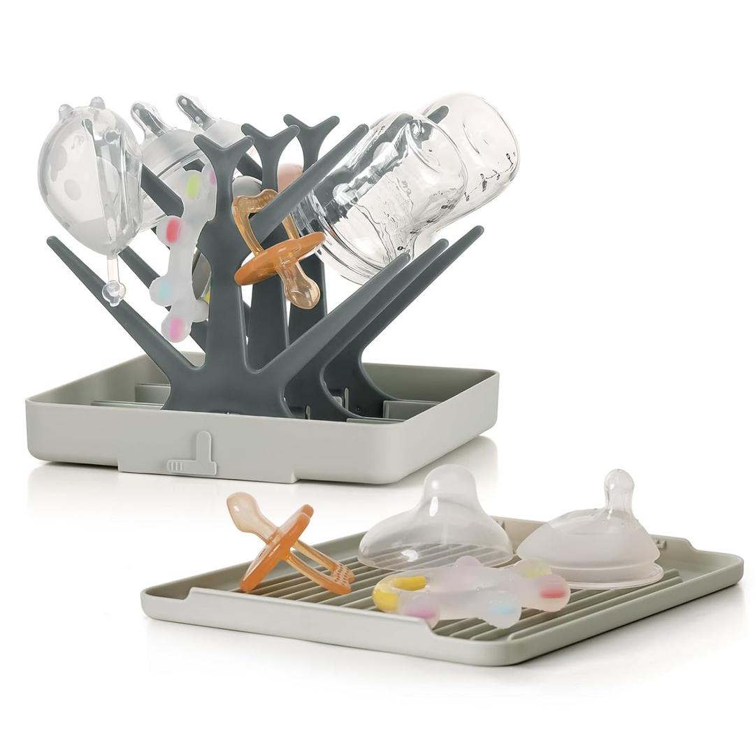 haakaa Portable Baby Bottle Drying Rack with Tray, Space Saving Bottle Drying Tree for Bottles/Pump Parts/Pacifiers,Easy-Store Dryer Rack Great for Home & Travel, BPA Free (Grey)