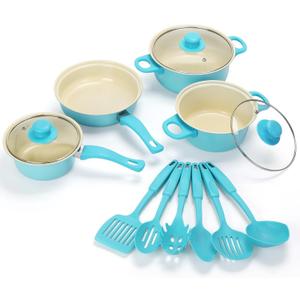 Non-Stick Cookware Set, Portable Lightweight Cast Iron Pots and Pans with Glass Lids and Nylon Utensils - 13 Piece Set Blue for Outdoor Camping Picnic Travel