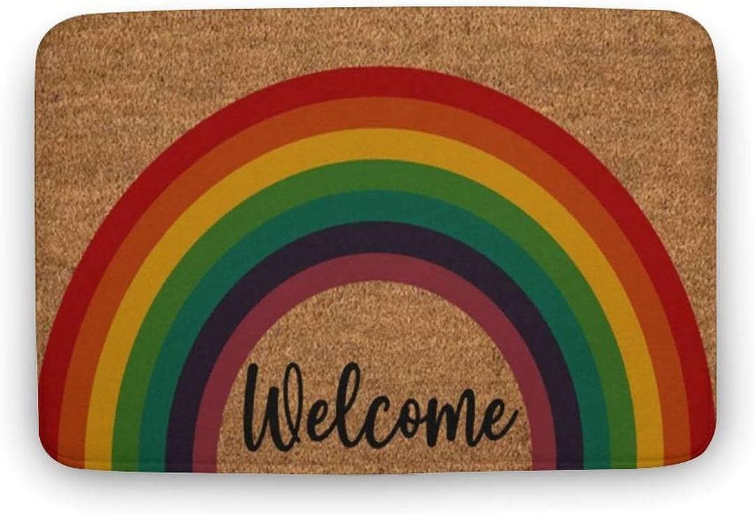 Rainbow Welcome Doormat, 16'x24' & 17'x30', Multi Color, Non Slip, Water Resistant, Modern Style, Flat Woven, Polyester, Suitable for Bathroom, Kitchen, Bedroom, Office, Porch