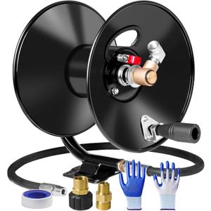 MEKOH Pressure Washer Hose Reel 50ftx3/8 / 65ftx1/4, 4000PSI Heavy Duty Power Washer Hose Reel with M22-14 Fitting, Hand Crank Metal Reel with Wall/Trailer/Van Mount, Manual Hose Reel for Water (Shiny Black)