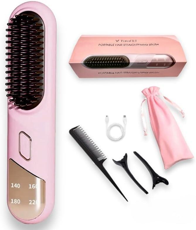 VividUS Cordless Hair Straightening Brush, Mini Portable Hair Straightening Comb, Wireless USB Rechargeable, Fast Heating, Lightweight for Travel
