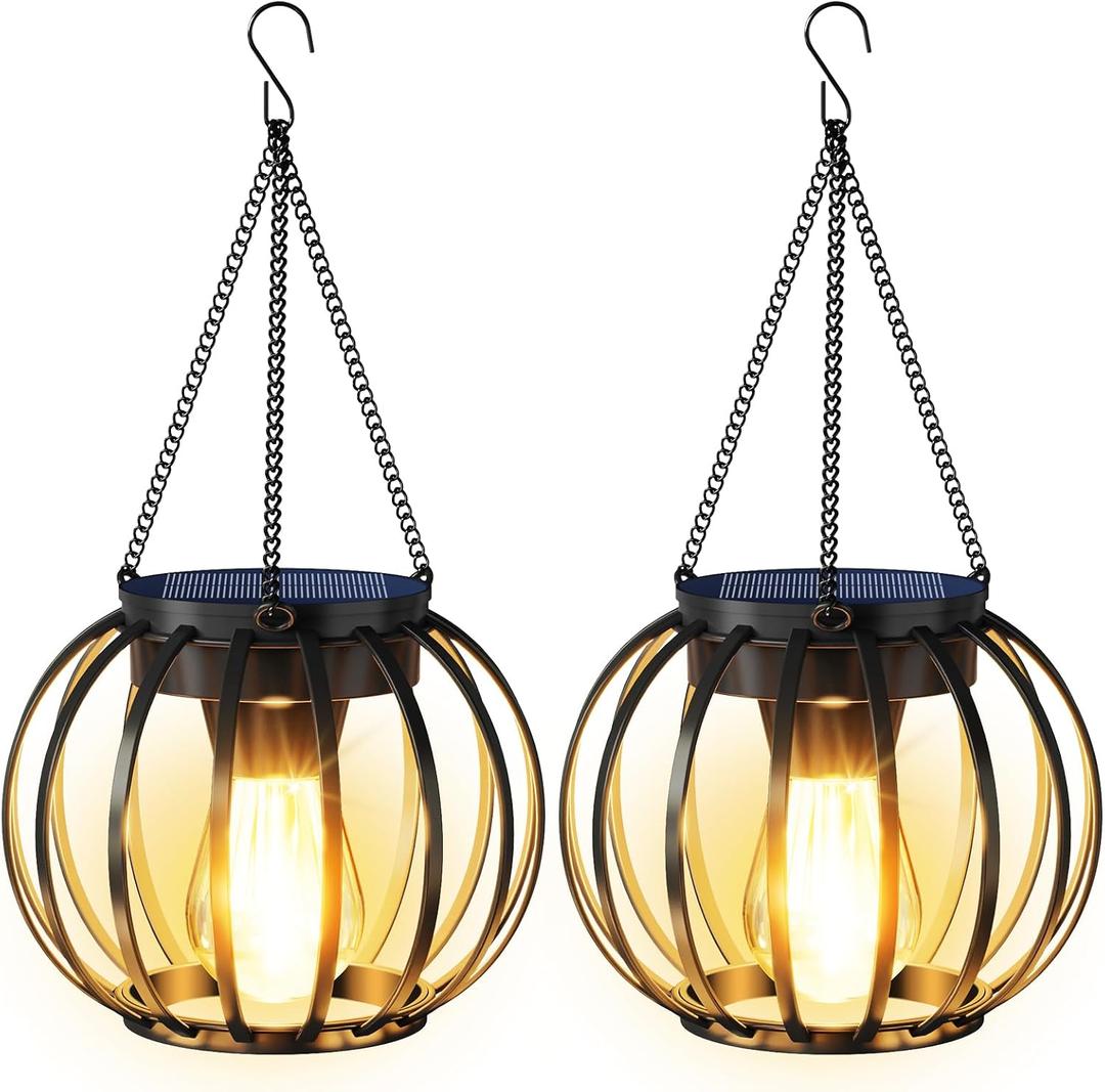 Solar Lanterns Outdoor Waterproof 2 Pack, 14.37" Metal Hanging Solar Lights for Outside with Auto On/Off & Hook - Brighter Hanging Outdoor Lanterns Decorative Lighting for Garden Patio Yard