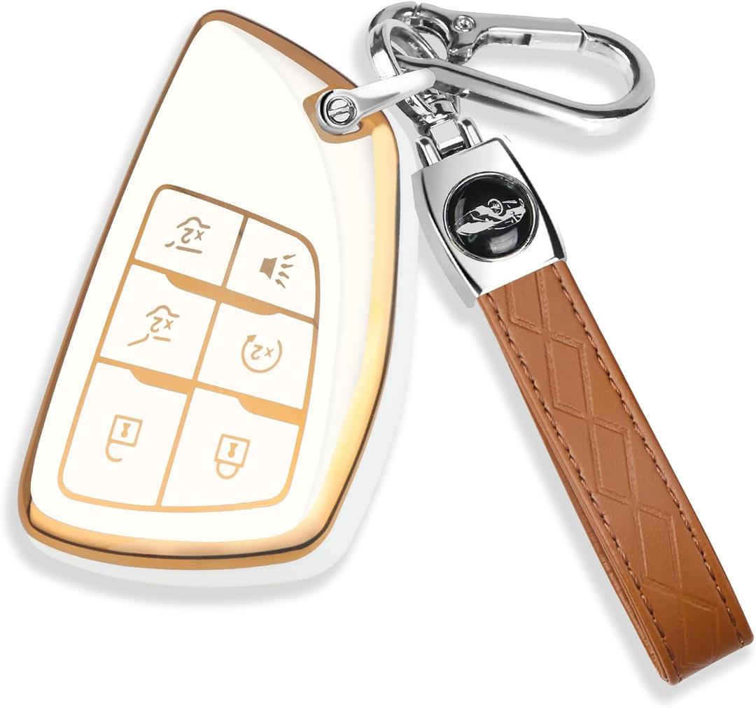 QBUC for Chevy Key Fob Cover with Keychain Soft TPU Protection Case Compatible with 2021-2026 Chevy Tahoe Suburban GMC Yukon Denali Silverado 6-Buttons(Gold Trim Ivory)