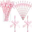 Potchen 150 Pcs Bow Straws Bulk Disposable Paper Bow Striped Drinking Straws for Graduations Cake Decorations Birthday Bridal Shower Wedding Bachelorette Baby Shower Party Supplies (Pink)
