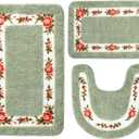 3 Pcs Rose Flowers Bathroom Rugs Set Coquette Room Decor Floral Rugs for Bathroom Bedroom Living Room, Floral Bath Mat Non Skid Romantic Rose Flower Area Rugs 3 Shapes(Green)