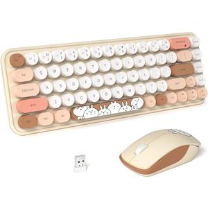 FOPETT Wireless Keyboard and Mouse Cute Mouse and Keyboard 2.4G Wireless Keyboards with Colorful 68 Keys Typewriter Retro Round Keycap for PC, Laptop,Tablet,Computer Windows - Milk Tea Colorful