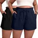 Evervibe 2 Pack Women's Linen Shorts L-5xl Plus Size with Pockets Cotton Drawstring High Waist Wide Leg Casual Summer Shorts(Black, Navy, 4X-Large)